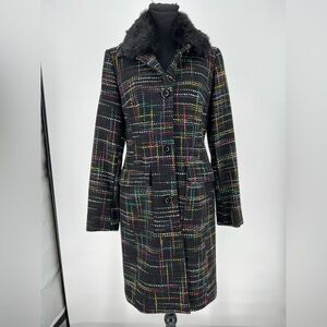 Nine West wool blend multi-color‎ plaid coat w/a removable black faux fur collar